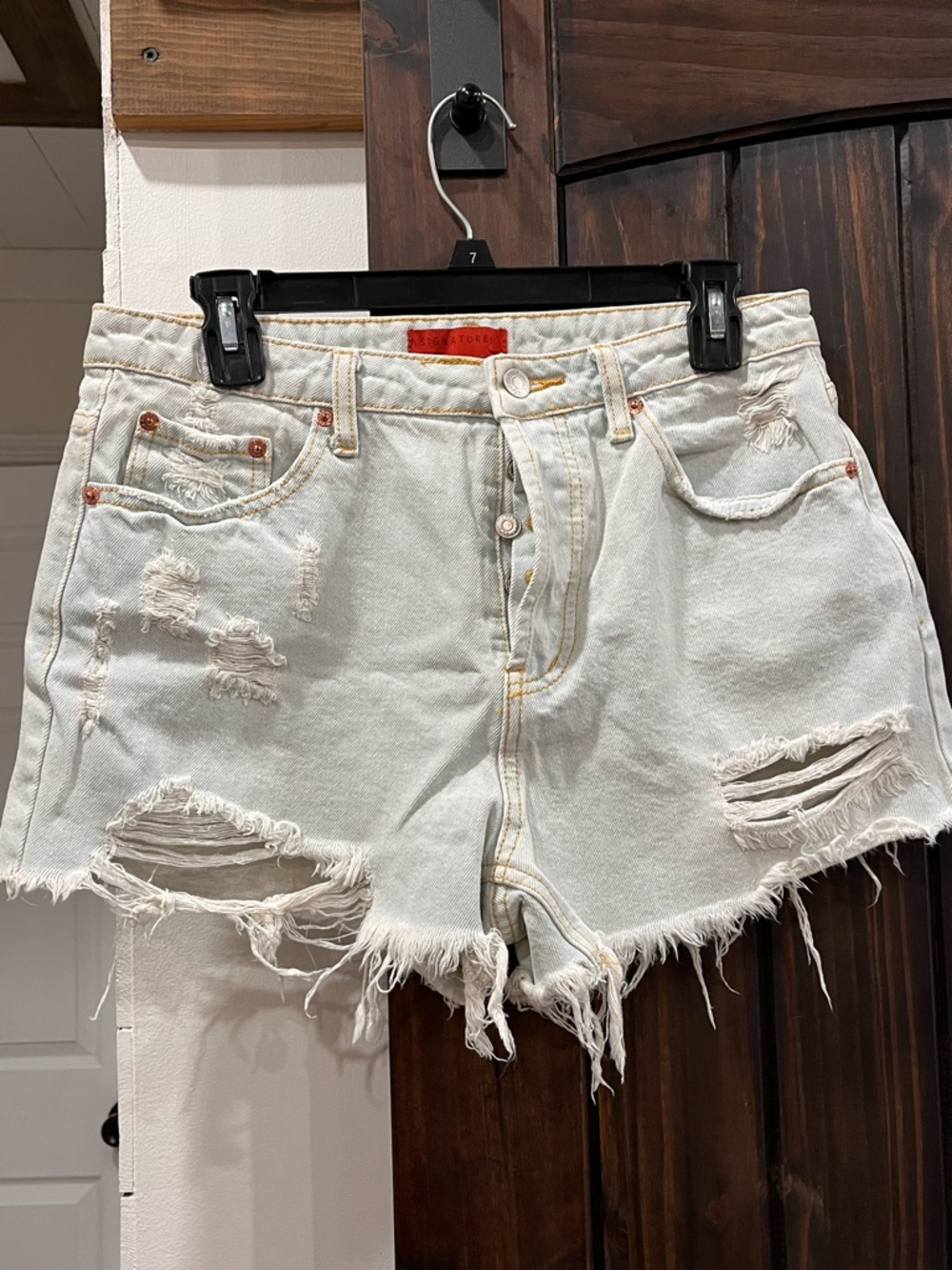 Signature 8 High-Rise Distressed Denim Shorts - Light Blue